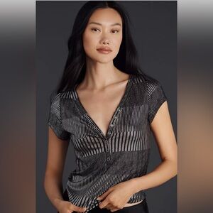 Pilcro Metallic Black & Silver Striped V-Neck Short Sleeve Top